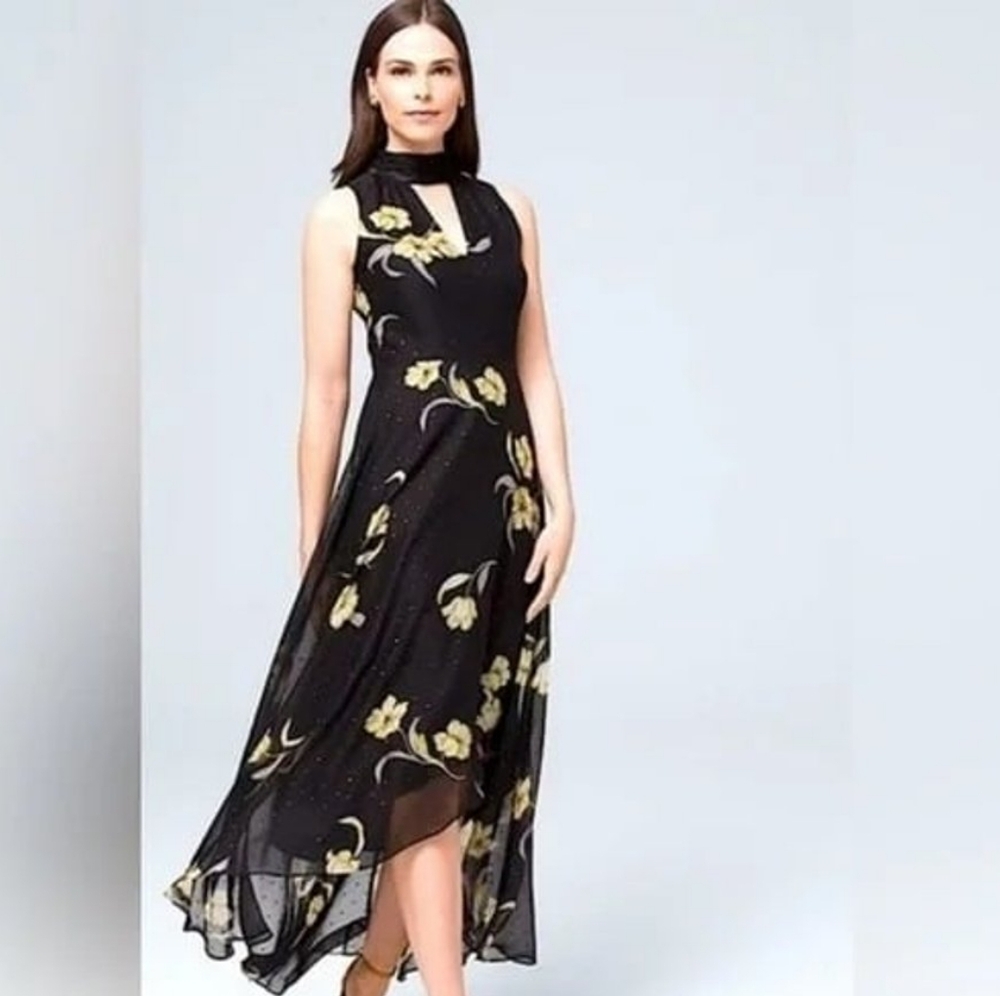 White House Black Market Mock Neck Elegant Flowy Long Dress Black/Gold